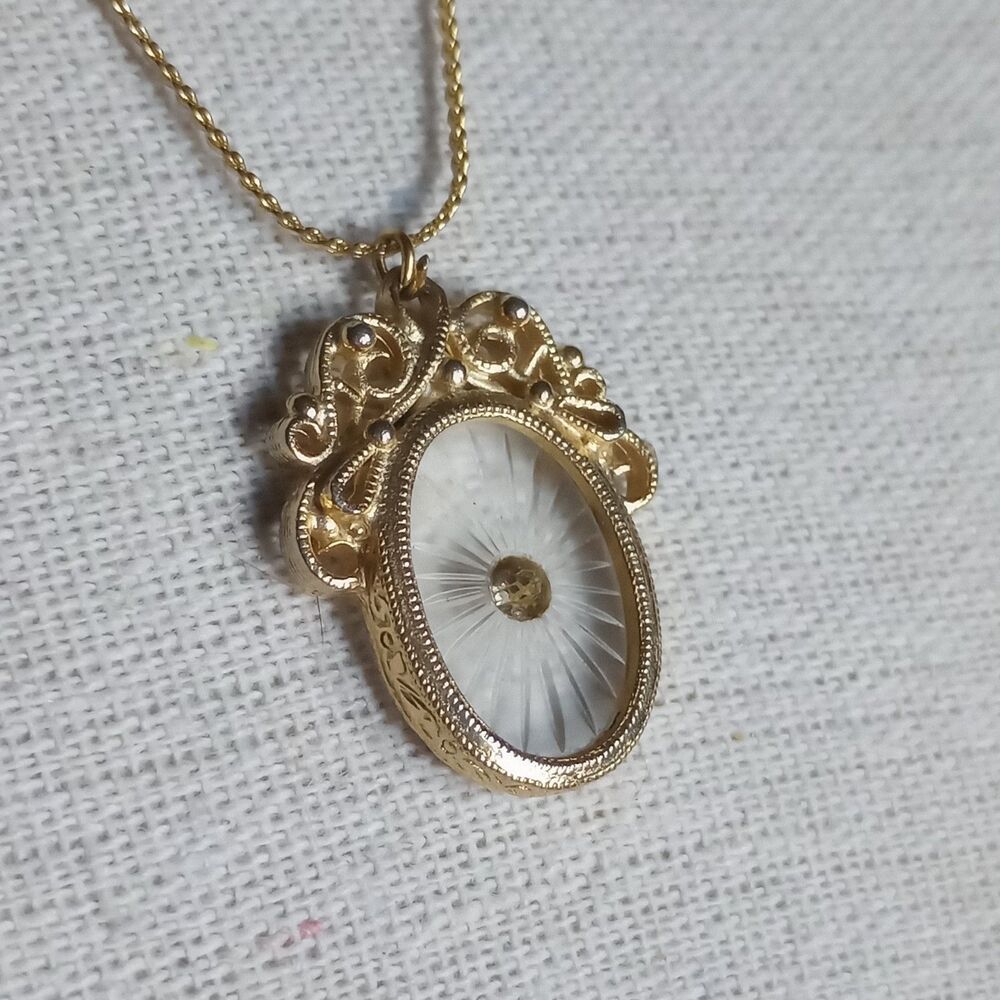 Unique 1920's Art Deco CAMPHOR GLASS yellow stone goldplated scroll 16 NECKLACE